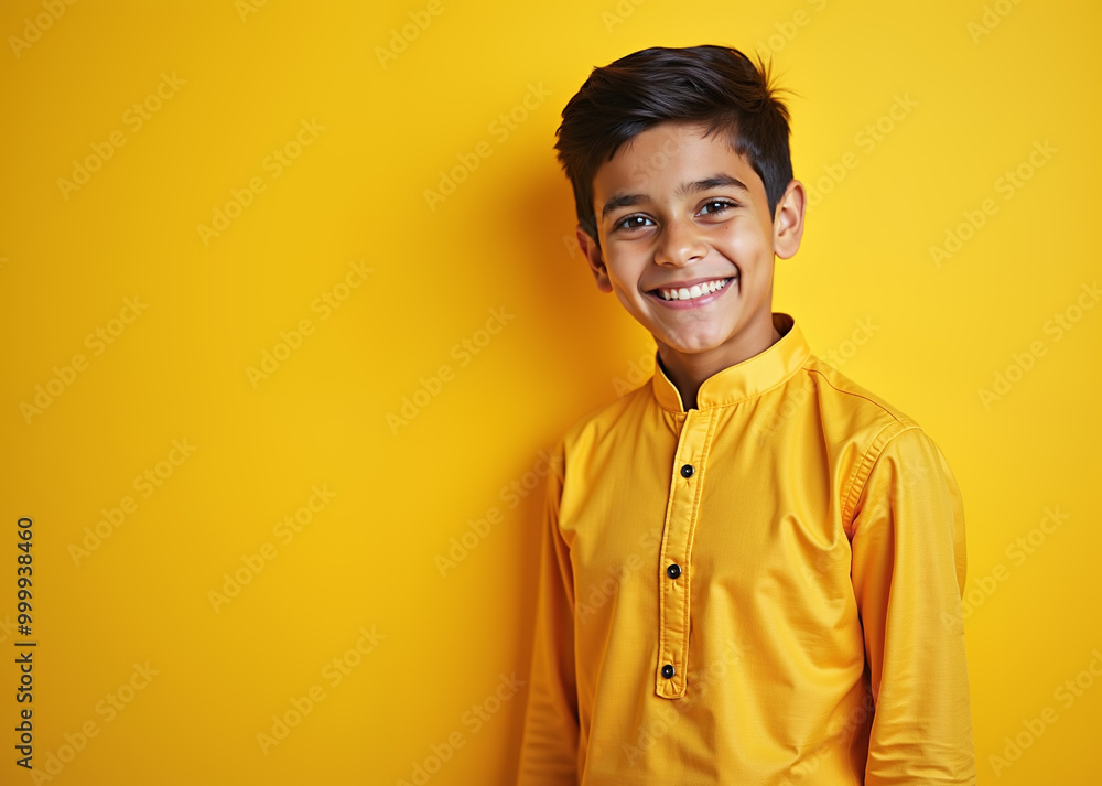 Young boy with cheerful smile posing in yellow outfit against bright yellow background with copy space Young boy with cheerful smile posing in yellow outfit against bright yellow background with copy space