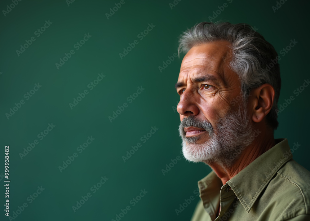 Fototapeta premium Senior man with thoughtful expression gazing into distance against green background with copy space