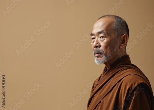 Elderly Asian Man with Contemplative Expression Wearing Monk Robes Against Beige Background