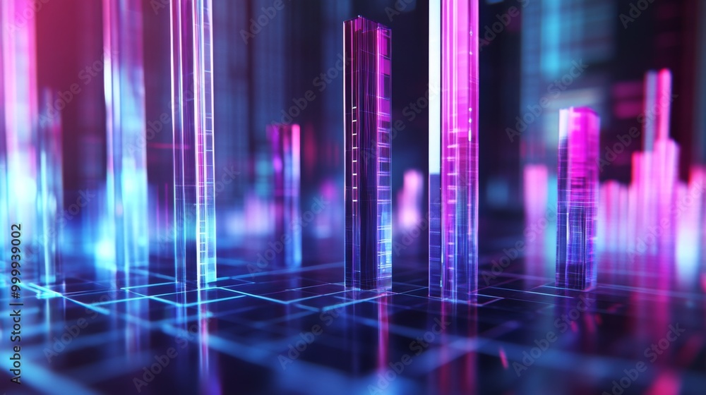 A 3D bar graph with transparent glass-like bars rising to different heights, representing financial growth on a dark, futuristic grid. A 3D bar graph with transparent glass-like bars rising to different heights, representing financial growth on a dark, futuristic grid.