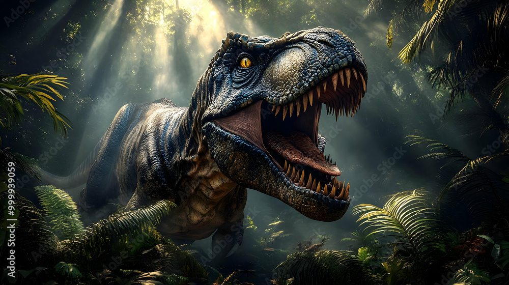 Obraz premium Tyrannosaurus Rex Roars Through the Prehistoric Jungle