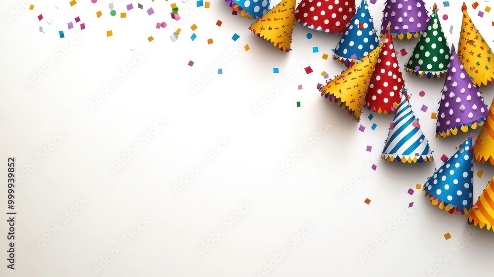 Fototapeta premium A festive background featuring a collection of colorful party hats scattered on a white surface, with confetti adding to the celebratory ambiance.