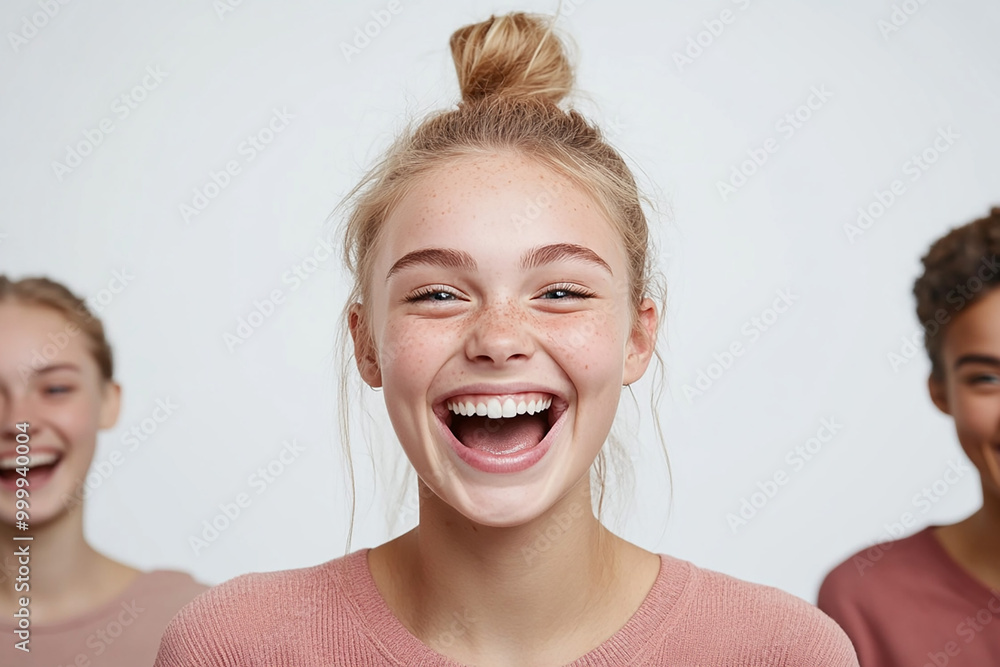 Human face expressions and emotions. Positive joyful young beautiful female with fair straight hair in casual clothing, laughing at joke, looking at camera and pleasantly smiling Human face expressions and emotions. Positive joyful young beautiful female with fair straight hair in casual clothing, laughing at joke, looking at camera and pleasantly smiling