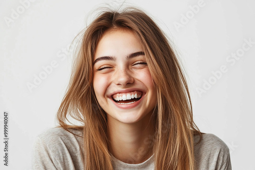 Human face expressions and emotions. Positive joyful young beautiful female with fair straight hair in casual clothing, laughing at joke, looking at camera and pleasantly smiling