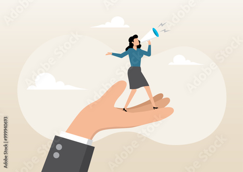 giant hand help businesswoman employee to speak out with megaphone