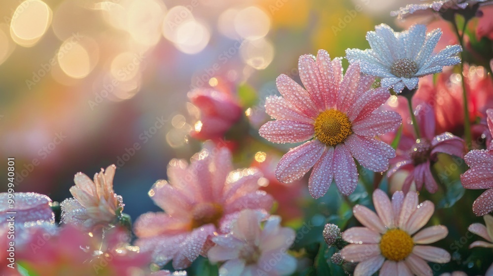 A beautiful flower garden with various blossoms covered in dew drops, creating a sparkling effect across the entire scene in the early morning. A beautiful flower garden with various blossoms covered in dew drops, creating a sparkling effect across the entire scene in the early morning.