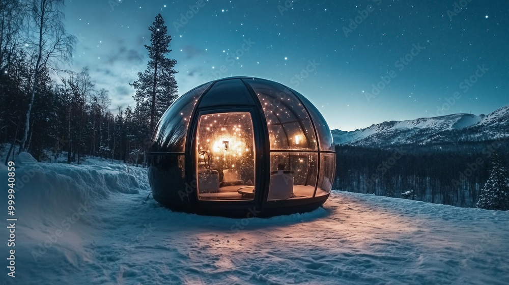 Fototapeta premium Futuristic Glass Dome Cabin in a Snowy Landscape Under a Starry Night Sky