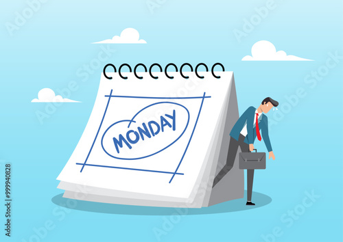 tired and sleepy businessman going to work with calendar showing Monday