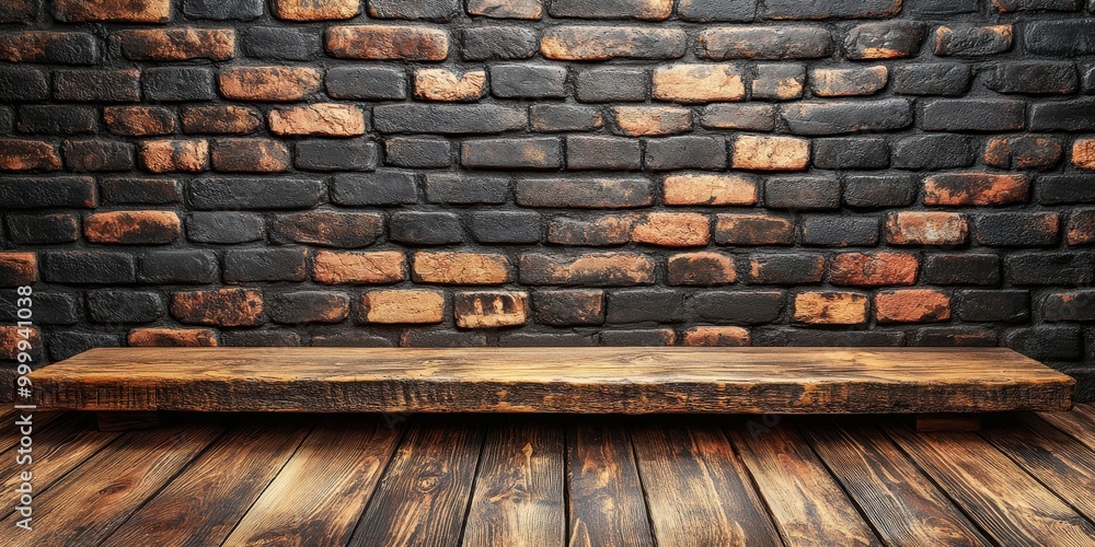 Rustic wooden shelf against a backdrop of aged brick, ready for product display Rustic wooden shelf against a backdrop of aged brick, ready for product display