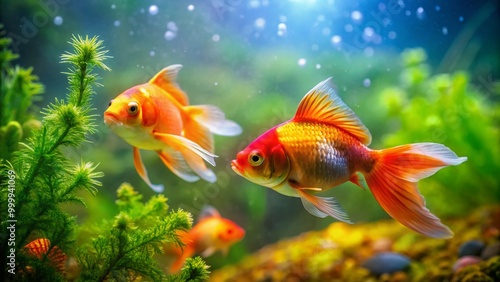 Colorful goldfish swimming alongside a small algae eater in a vibrant aquatic environment