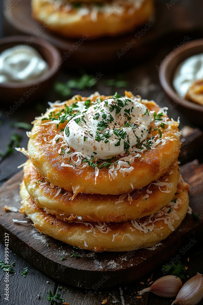 Lángos: A deep-fried flatbread topped with garlic, sour cream, and cheese, popular as a street food. Lángos: A deep-fried flatbread topped with garlic, sour cream, and cheese, popular as a street food.
