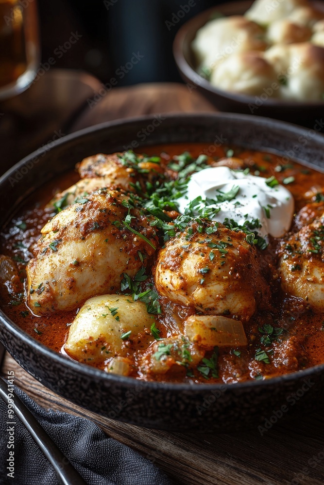 Paprikás Csirke: Chicken cooked in a rich paprika sauce, served with sour cream and dumplings. Paprikás Csirke: Chicken cooked in a rich paprika sauce, served with sour cream and dumplings.