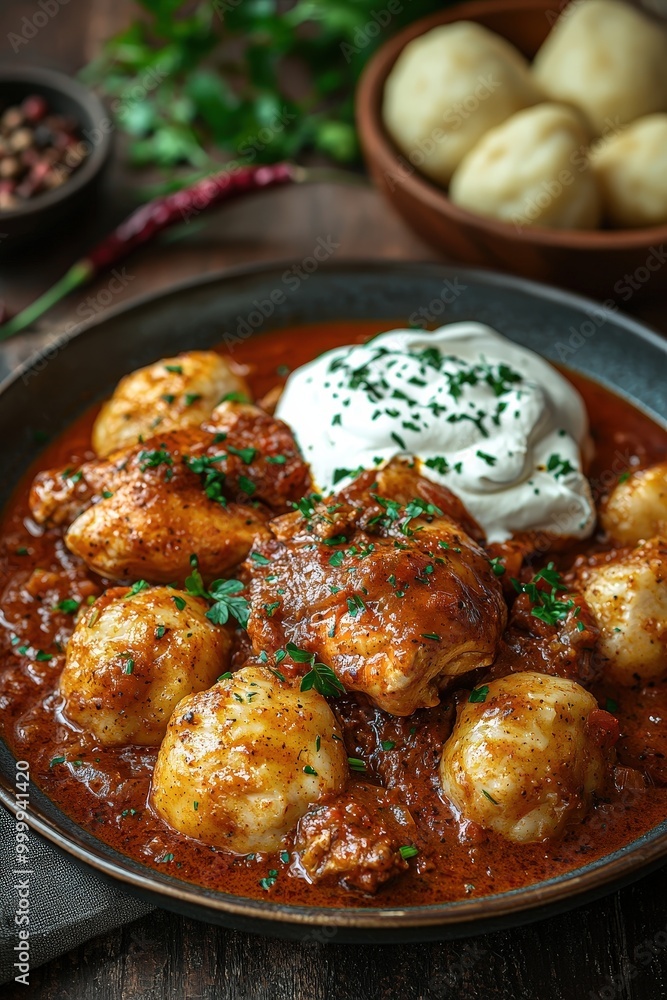 Paprikás Csirke: Chicken cooked in a rich paprika sauce, served with sour cream and dumplings. Paprikás Csirke: Chicken cooked in a rich paprika sauce, served with sour cream and dumplings.