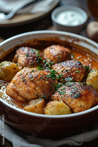 Paprikás Csirke: Chicken cooked in a rich paprika sauce, served with sour cream and dumplings. photo