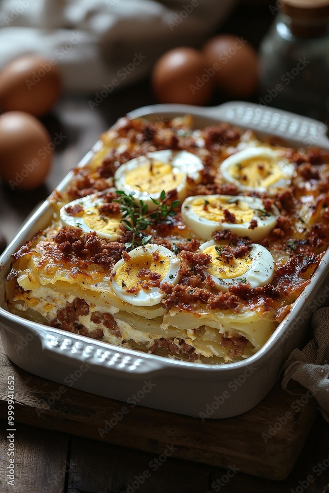 Rakott Krumpli: A layered potato casserole with hard-boiled eggs, sour cream, and sausage. Rakott Krumpli: A layered potato casserole with hard-boiled eggs, sour cream, and sausage.