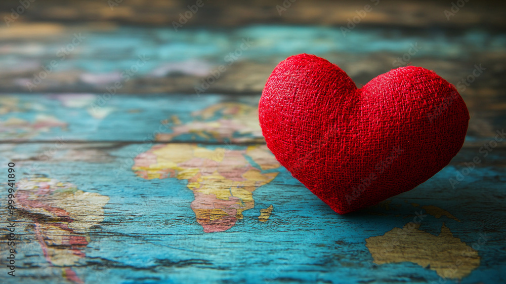 Fototapeta premium Red heart placed on a colorful world map representing love for travel and global connections