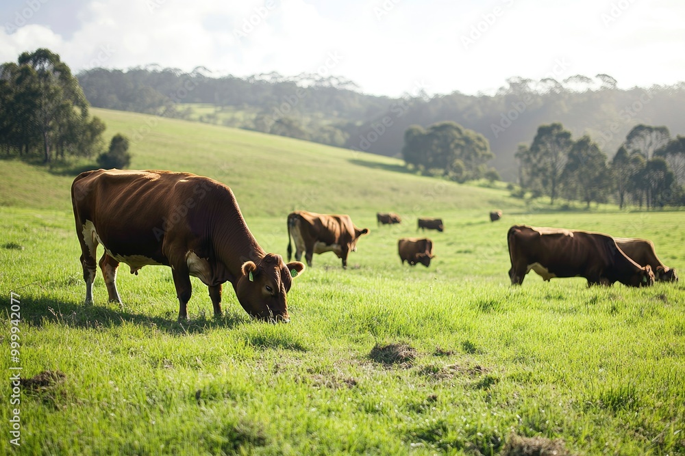 beautiful cattle in Australia eating grass, grazing on pasture. Herd of cows free range beef being regenerative raised on an agricultural farm. generative ai beautiful cattle in Australia eating grass, grazing on pasture. Herd of cows free range beef being regenerative raised on an agricultural farm. generative ai