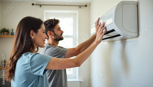 Young family couple using their modern air conditioning system at home. Happy husband and wife setting up the temperature on their white AC on the wall in the living room. Air conditioner concept