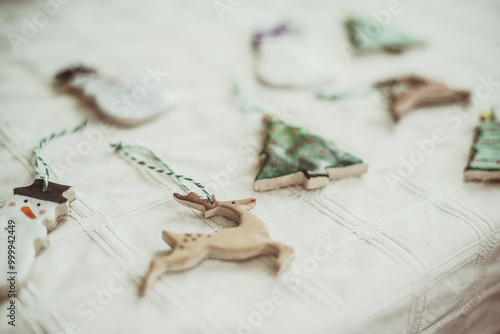 Close-up of assorted Christmas ornaments on a table photo