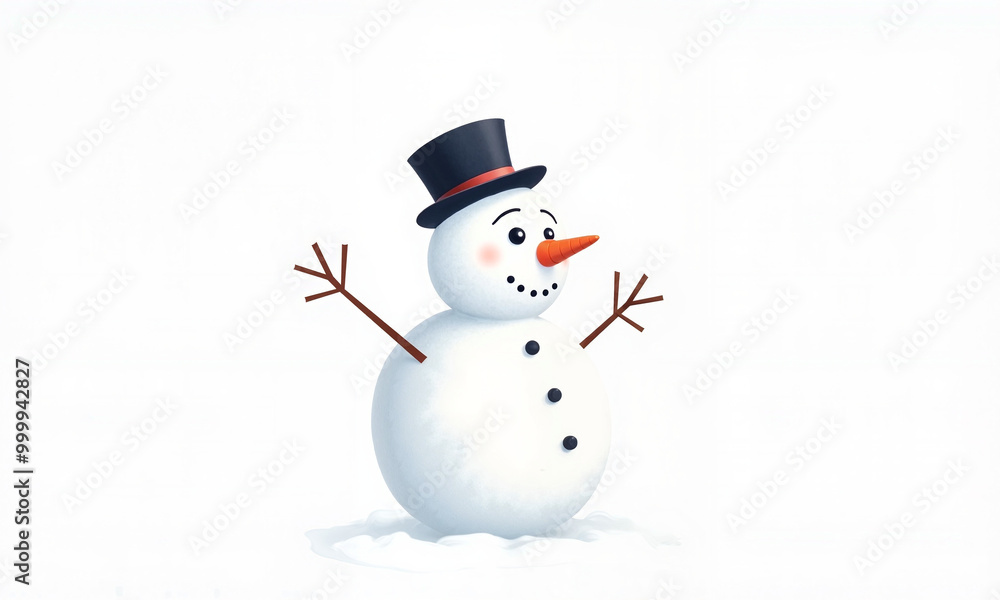 A joyful snowman with a top hat and carrot nose against a white snowy background
A joyful snowman with a top hat and carrot nose against a white snowy background