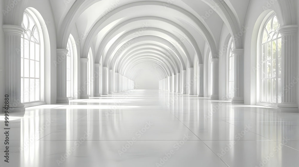 White Hallway with Arches and Columns, Modern Interior Design, Elegant and Minimalist