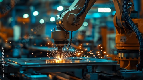 A robot is cutting a piece of metal with a laser. The scene is industrial and the robot is in motion.Generative ai illustration.