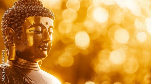 A gold statue of a Buddha with a serene expression. The statue is surrounded by a blurry background, giving it a sense of calm and peacefulness.Generative ai illustration.