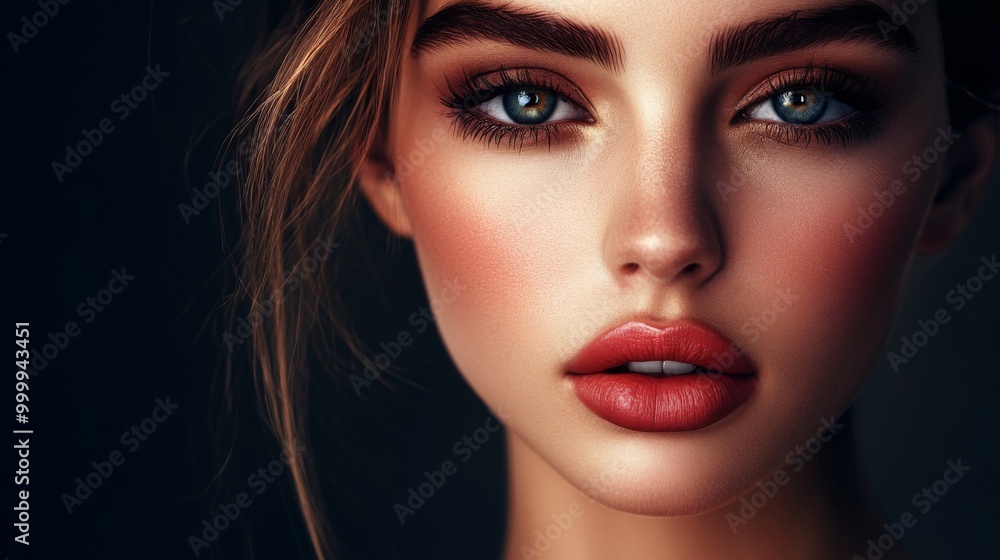 A beauty portrait of a woman with striking facial features, including full lips, bold brows, and sharp cheekbones, with flawless makeup and perfect lighting. A beauty portrait of a woman with striking facial features, including full lips, bold brows, and sharp cheekbones, with flawless makeup and perfect lighting.
