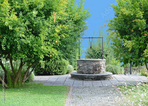 Medieval stone wishing well in Rocca Borromeo di Angera flanked by fruit-bearing pomegranate trees (Punica granatum, Lythraceae) on a summer day with clear blue sky, Italy