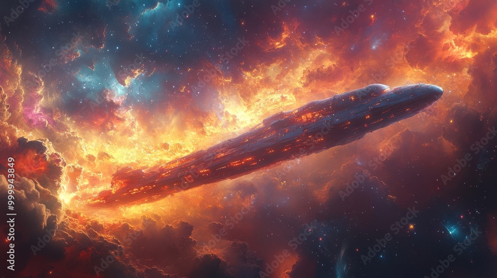 A sleek, futuristic starship soars through a fiery nebula, its glowing windows illuminating the vast expanse of space A sleek, futuristic starship soars through a fiery nebula, its glowing windows illuminating the vast expanse of space