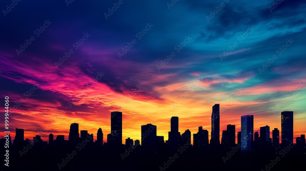 A breathtaking sunset view of a skyline silhouette, with skyscrapers standing tall against a colorful sky, evoking a sense of tranquility and reflection A breathtaking sunset view of a skyline silhouette, with skyscrapers standing tall against a colorful sky, evoking a sense of tranquility and reflection