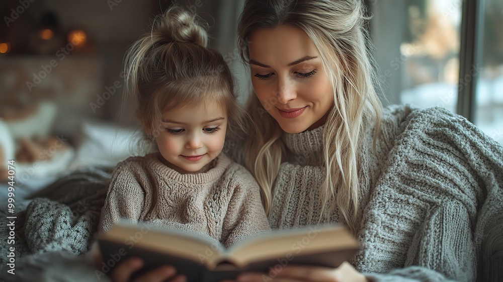 young mother with daughter sitting indoors in bedroom reading a book young mother with daughter sitting indoors in bedroom reading a book