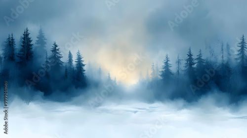 Blue Forest with a Foggy, Wintery Landscape