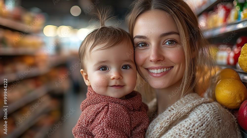 young mother with her little baby boy at the supermarket young mother with her little baby boy at the supermarket
