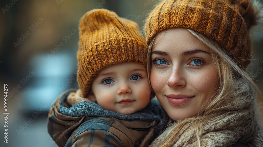 Fototapeta premium young mother with her little baby boy standing by the car