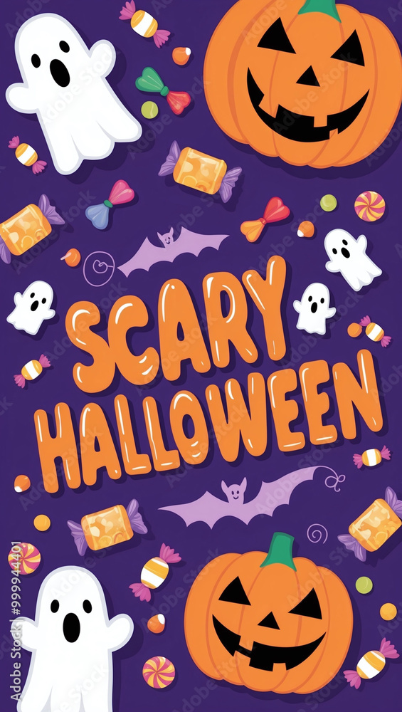 Cute Halloween postcard with cartoon-style ghosts, candy, and a big smiling pumpkin, featuring 'Scary Halloween' in playful, bubbly font Cute Halloween postcard with cartoon-style ghosts, candy, and a big smiling pumpkin, featuring 'Scary Halloween' in playful, bubbly font