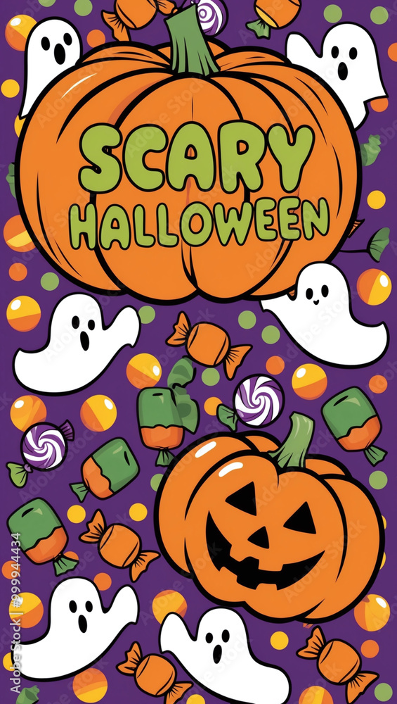 Cute Halloween postcard with cartoon-style ghosts, candy, and a big smiling pumpkin, featuring 'Scary Halloween' in playful, bubbly font Cute Halloween postcard with cartoon-style ghosts, candy, and a big smiling pumpkin, featuring 'Scary Halloween' in playful, bubbly font
