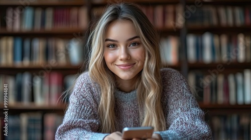 young student or businesswoman with smartphone sitting on desk in room in a library or office