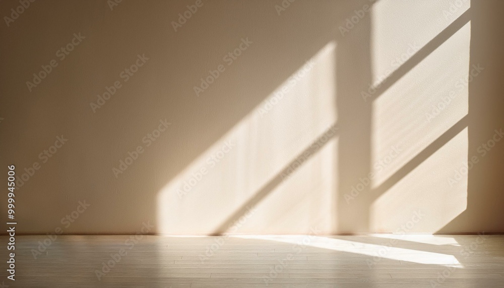 Light on the background wall. Shadow from the window and sunlight. White rays of the sun in a bright empty room. Shade overlay. Modern studio in beige tones. interior of a room with a window Light on the background wall. Shadow from the window and sunlight. White rays of the sun in a bright empty room. Shade overlay. Modern studio in beige tones. interior of a room with a window