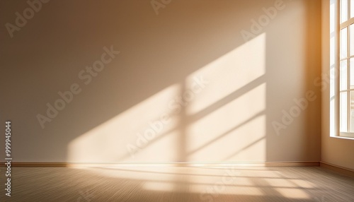 Light on the background wall. Shadow from the window and sunlight. White rays of the sun in a bright empty room. Shade overlay. Modern studio in beige tones. interior of a room with a window