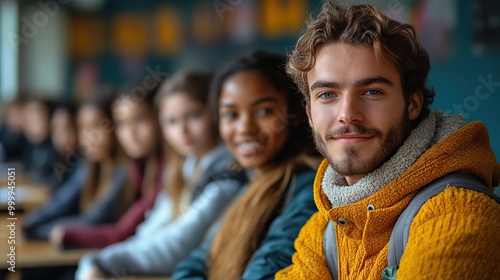 young students with teacher at desks at college or university coronavirus concept