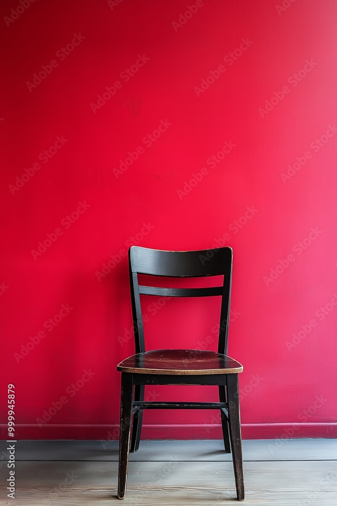 A lone, simple wooden chair stands against a bright red wall in a minimalistic and empty space, highlighting simplicity. A lone, simple wooden chair stands against a bright red wall in a minimalistic and empty space, highlighting simplicity.
