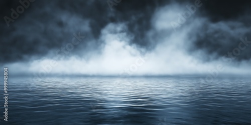 A misty ocean scene with a dark, cloudy sky extending to the horizon, evoking a sense of mystery and calm.