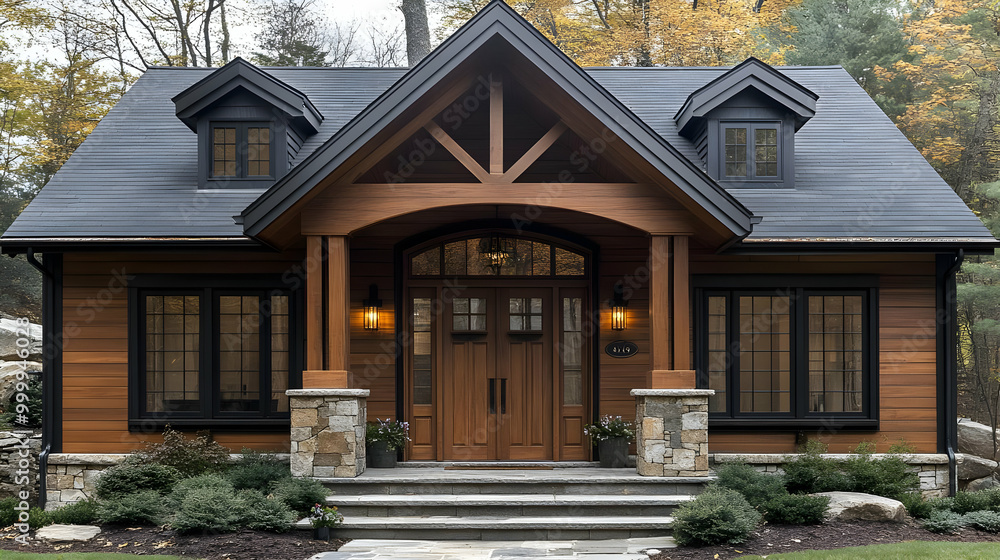 Stunning Wooden Cabin With Black Windows and Stone Accents Stunning Wooden Cabin With Black Windows and Stone Accents