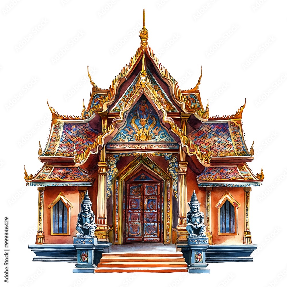 Watercolor Illustration of a Traditional Thai Temple with Ornate Details. Watercolor Illustration of a Traditional Thai Temple with Ornate Details.