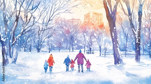 Family Enjoying a Snowy Day in Watercolor Illustration
