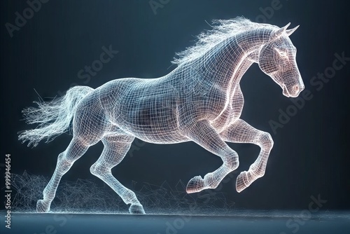 A wireframe horse runs across a dark background.