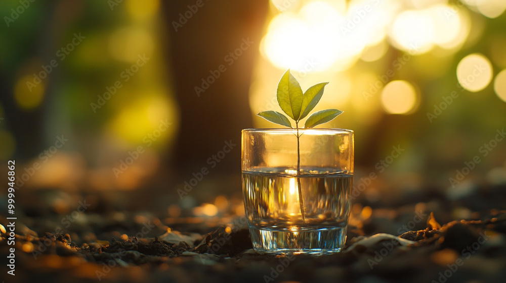 A small plant grows in a glass of water, illuminated by soft sunlight in a serene forest setting A small plant grows in a glass of water, illuminated by soft sunlight in a serene forest setting