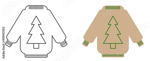 Swaetr with fir (spruce) print in two versions (variants): linear (outline) and colored. Fashion. Lifestyle. Object. Clothes. Vector illustration.