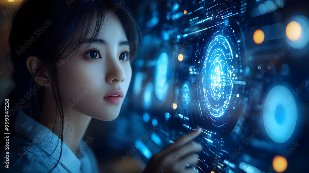 Exploring the Digital World: A Woman Interacts with a Futuristic Interface Exploring the Digital World: A Woman Interacts with a Futuristic Interface